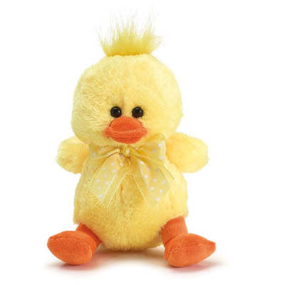 Small yellow plush duck with orange beak and feet and a yellow polka dot bow