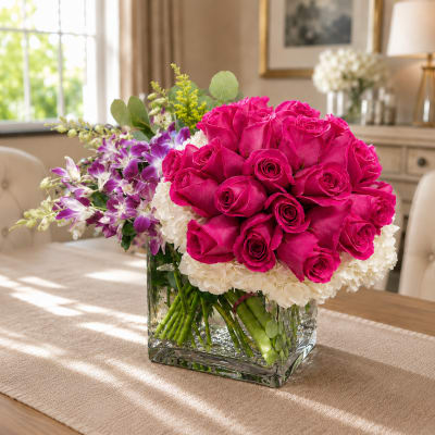 Pink roses and purple orchids arranged in a clear square vase