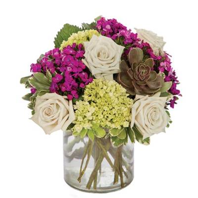 Bouquet of cream roses, magenta flowers, and succulents in a glass vase