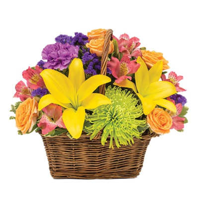 Basket arrangement with yellow lilies, orange roses, pink alstroemeria, and purple blooms