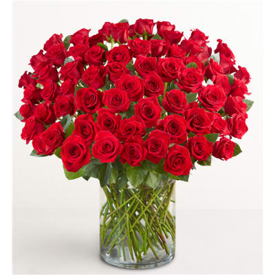 Bouquet of red roses in a clear glass vase