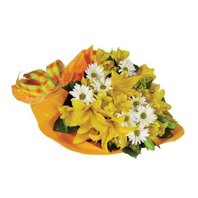 Yellow and white mixed bouquet wrapped in orange paper with a plaid ribbon