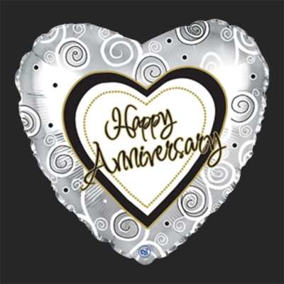Heart-shaped silver balloon with "Happy Anniversary" text