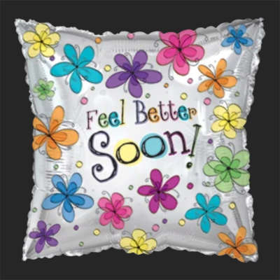 Square silver balloon with colorful flowers and the words "Feel Better Soon!"