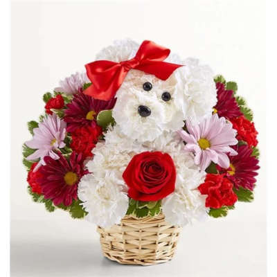 Dog-shaped flower arrangement with a red bow in a woven basket