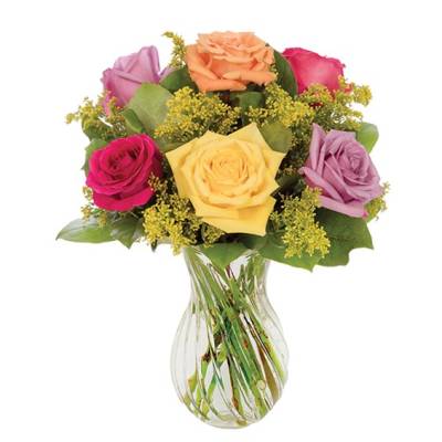 Mixed roses in a clear glass vase