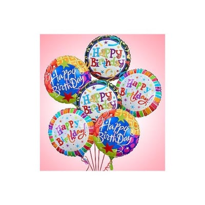 Cluster of colorful Happy Birthday balloons on a pink background