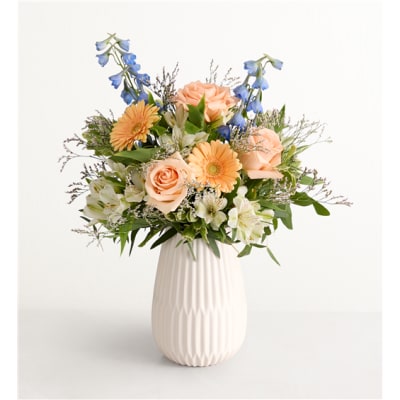 Peach roses and blue delphinium in a white vase