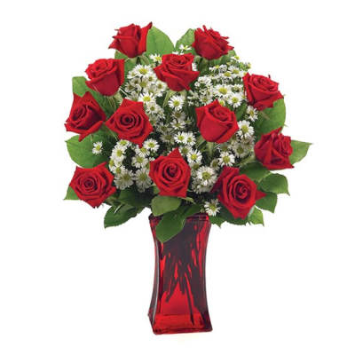Red roses and white daisies in a red glass vase