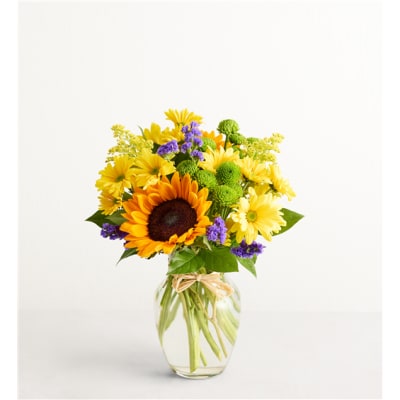 Sunflower and yellow daisy bouquet in a clear glass vase