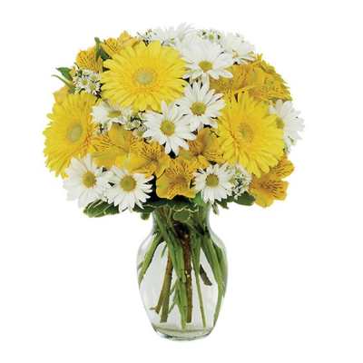 Yellow and white daisy bouquet in a clear glass vase