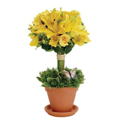 Yellow floral arrangement in a terracotta pot with a butterfly decoration