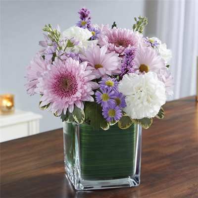 Pink and white flowers in a clear square vase