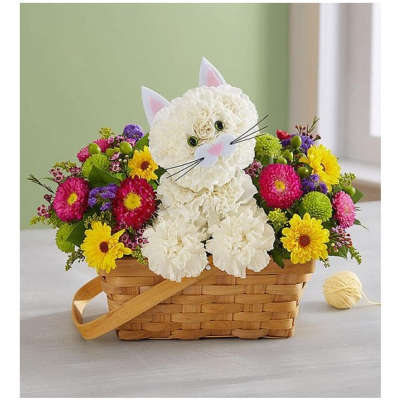 Cat-shaped flower arrangement in a woven basket with bright mixed blooms