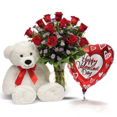 Red rose bouquet with a teddy bear and heart-shaped Valentine balloon