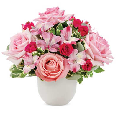 Pink roses and lilies arranged in a white vase