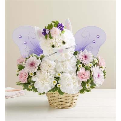 Cat-shaped flower basket with pink and white blooms and purple wings