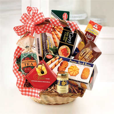 Gift basket filled with assorted packaged snacks and tied with a red gingham bow