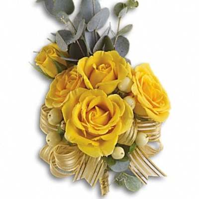 Yellow rose bouquet with eucalyptus and gold ribbon wrap