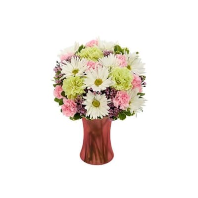 Pink and white mixed bouquet in a red vase