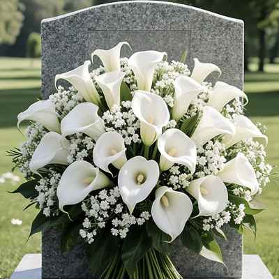 White calla lily funeral spray with baby's breath on a gravestone