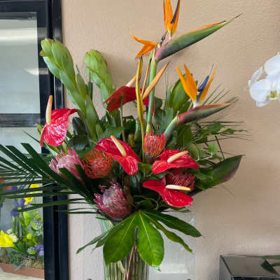 Tropical arrangement with red anthuriums and bird of paradise in a glass vase