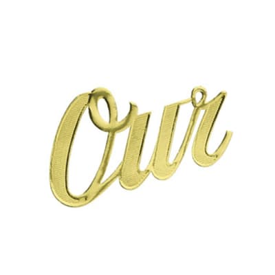 Gold script word on a white background