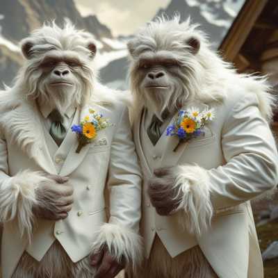 Three white-furred apes in cream suits with small floral boutonnieres.
