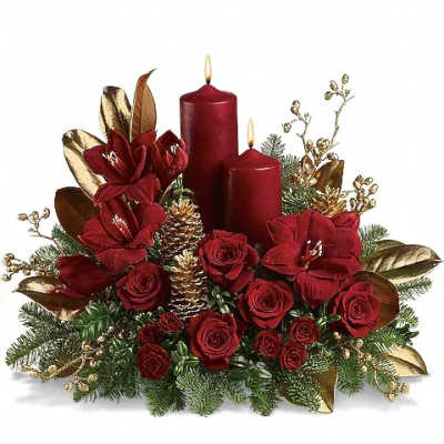 Red floral centerpiece with candles and gold accents