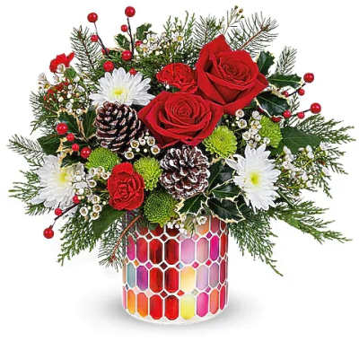 Red roses and white daisies in a colorful mosaic vase