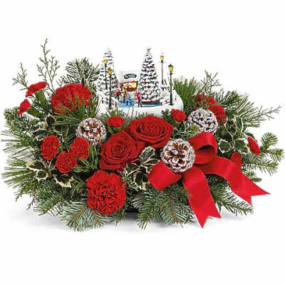 Christmas floral centerpiece with red roses and carnations