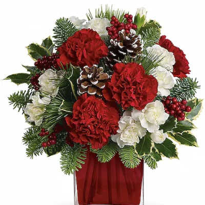 Red and white carnations with pinecones in a clear vase