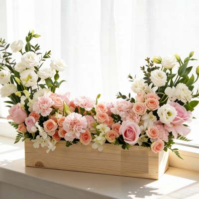 Pink and white floral arrangement in a wooden box