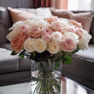 Bouquet of pale pink and white roses in a clear glass vase