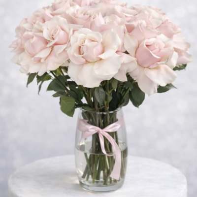 Pale pink roses arranged in a clear glass vase with a pink ribbon