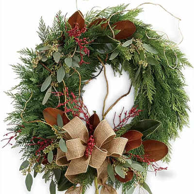 Holiday wreath with evergreen foliage, red berries, and a burlap bow