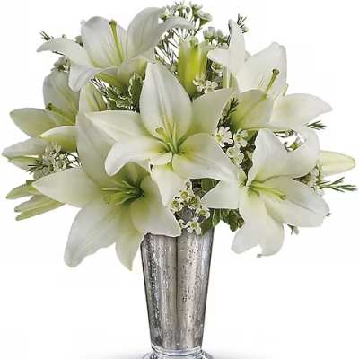 White lilies arranged in a silver vase