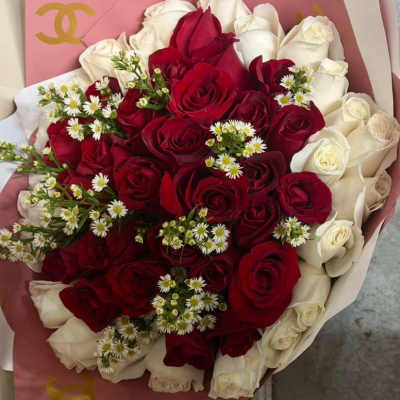 Bouquet of red and white roses wrapped in pink paper