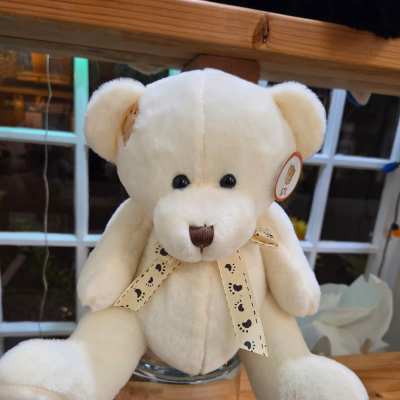 White teddy bear with a paw-print ribbon sitting in a glass container