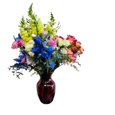 Tall mixed arrangement of yellow snapdragons, blue iris, and pink roses in a dark red glass vase.