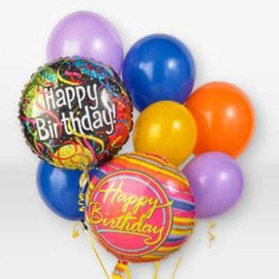 Cluster of colorful birthday balloons with two printed foil balloons