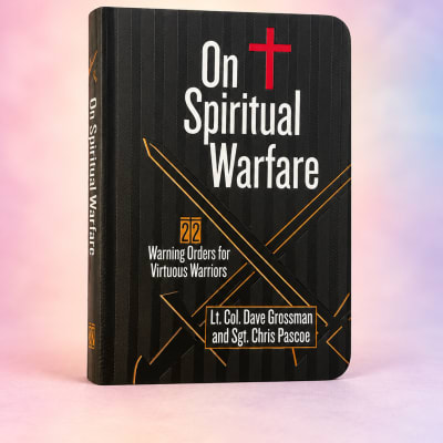 Black book titled "On Spiritual Warfare" against a pink and purple background.