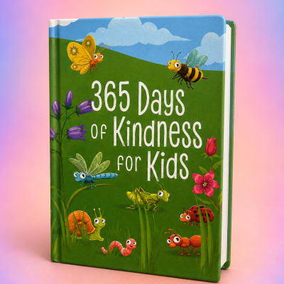 Children's book titled 365 Days of Kindness for Kids with cartoon insects and flowers
