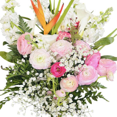 Hand-tied bouquet with pink ranunculus, white calla lilies, and an orange tropical bloom