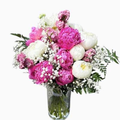 Pink and white peonies in a glass vase with baby's breath