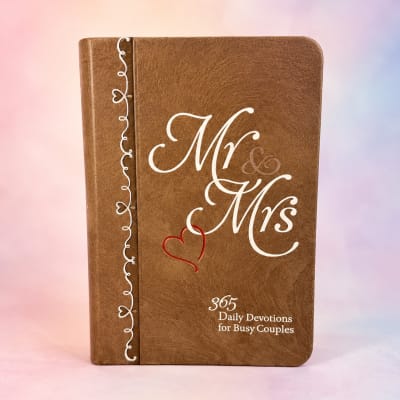 Brown devotional book with "Mr & Mrs" on the cover