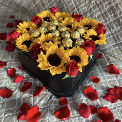 Hexagon Box of Sunflower and Red Roses with Chocolates