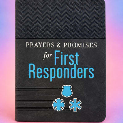 Black book titled "Prayers & Promises for First Responders" on a pink background.