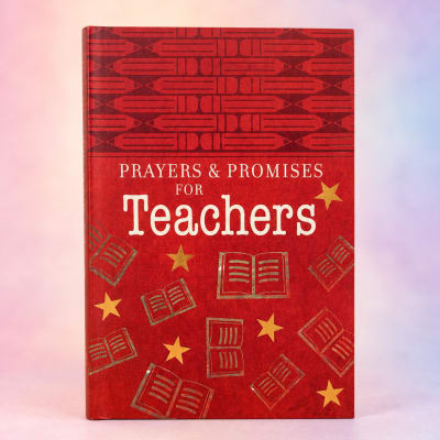Red book titled "Prayers & Promises for Teachers"