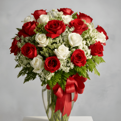 Red and white roses in a clear glass vase with a red ribbon